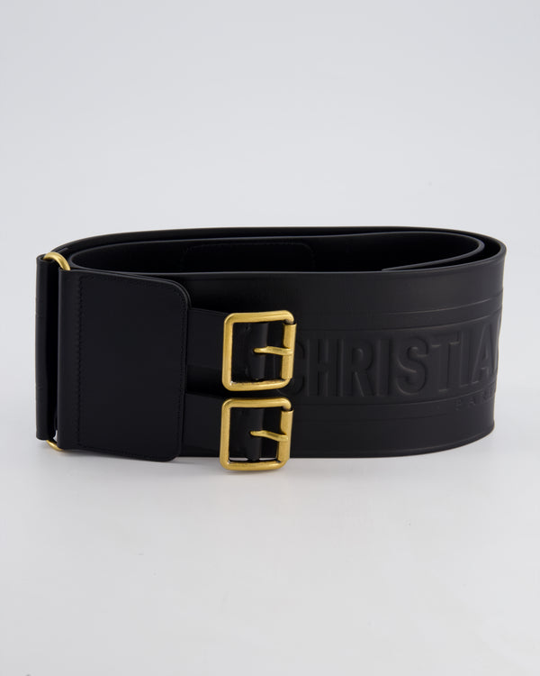 Christian Dior Black Embossed Leather Belt with Antique Gold Double Buckle Hardware Size 85cm