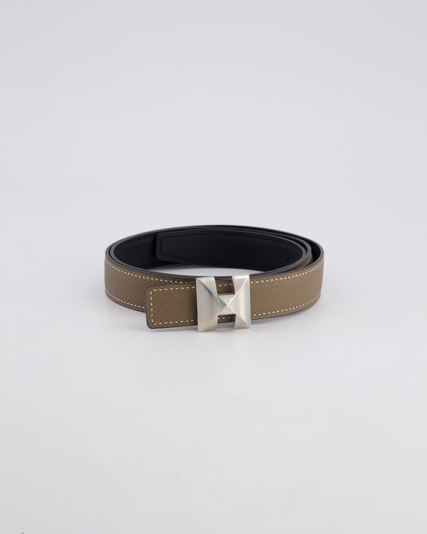 Hermès 24mm Etoupe Epsom and Black Box Reversible H Buckle Belt in Palladium Hardware Size 85cm