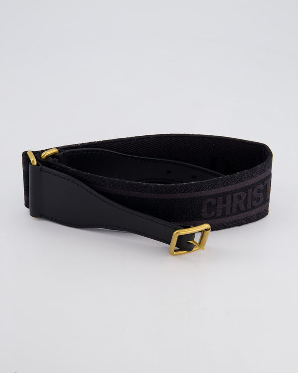 Christian Dior Black Embroidered Canvas and Leather Belt with Antique Gold Hardware Size 80cm