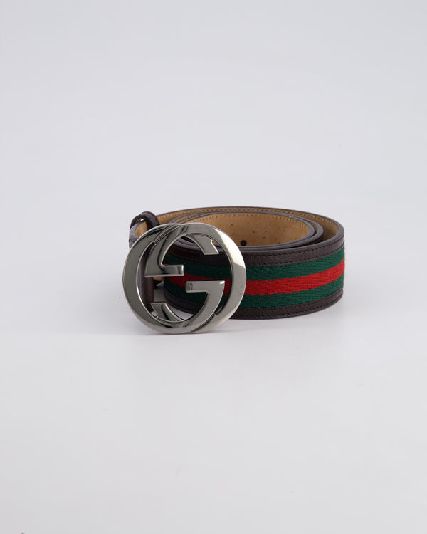 Gucci Brown Leather, Red and Green Canvas GG Buckle Belt Size 85cm