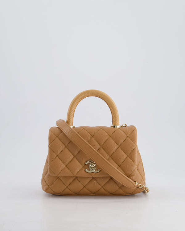 *HOT COLOUR* Chanel 21P Mini Coco Top Handle Bag in Caramel Caviar Leather with Champagne Gold Hardware & Lizard Embossed Calfskin Detail