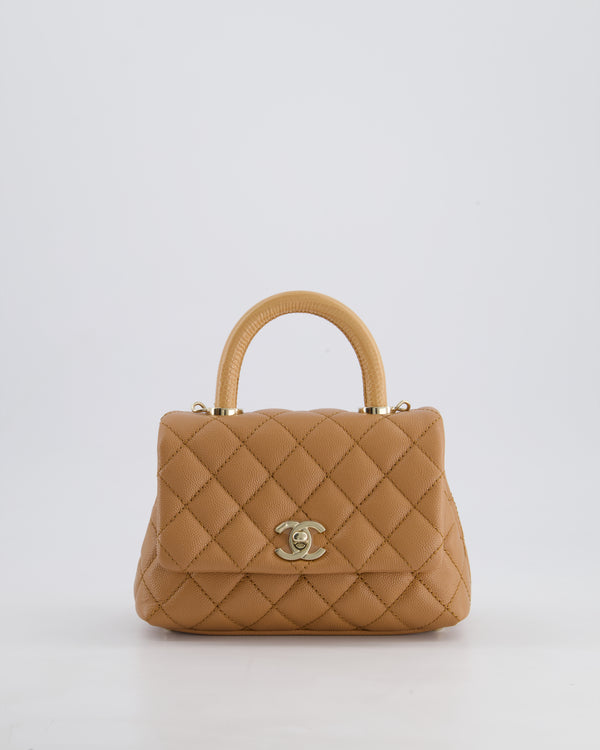 *HOT COLOUR* Chanel 21P Mini Coco Top Handle Bag in Caramel Caviar Leather with Champagne Gold Hardware & Lizard Embossed Calfskin Detail
