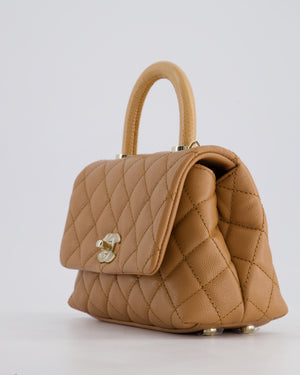 *HOT COLOUR* Chanel 21P Mini Coco Top Handle Bag in Caramel Caviar Leather with Champagne Gold Hardware & Lizard Embossed Calfskin Detail