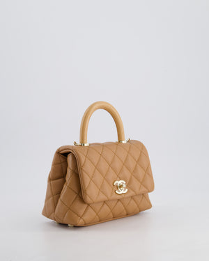 *HOT COLOUR* Chanel 21P Mini Coco Top Handle Bag in Caramel Caviar Leather with Champagne Gold Hardware & Lizard Embossed Calfskin Detail