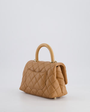 *HOT COLOUR* Chanel 21P Mini Coco Top Handle Bag in Caramel Caviar Leather with Champagne Gold Hardware & Lizard Embossed Calfskin Detail