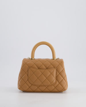 *HOT COLOUR* Chanel 21P Mini Coco Top Handle Bag in Caramel Caviar Leather with Champagne Gold Hardware & Lizard Embossed Calfskin Detail