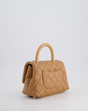 *HOT COLOUR* Chanel 21P Mini Coco Top Handle Bag in Caramel Caviar Leather with Champagne Gold Hardware & Lizard Embossed Calfskin Detail