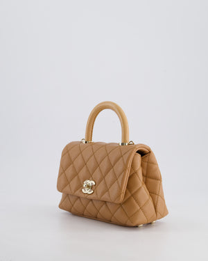 *HOT COLOUR* Chanel 21P Mini Coco Top Handle Bag in Caramel Caviar Leather with Champagne Gold Hardware & Lizard Embossed Calfskin Detail