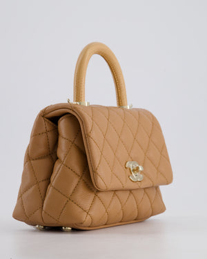 *HOT COLOUR* Chanel 21P Mini Coco Top Handle Bag in Caramel Caviar Leather with Champagne Gold Hardware & Lizard Embossed Calfskin Detail