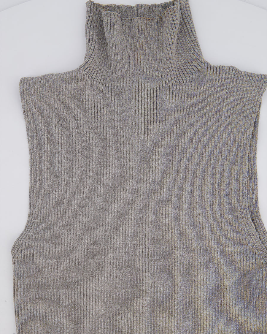 All The Ways Grey Ribbed Sleeveless High-Neck Top with Side Split Detail Size S (UK 6/8)
