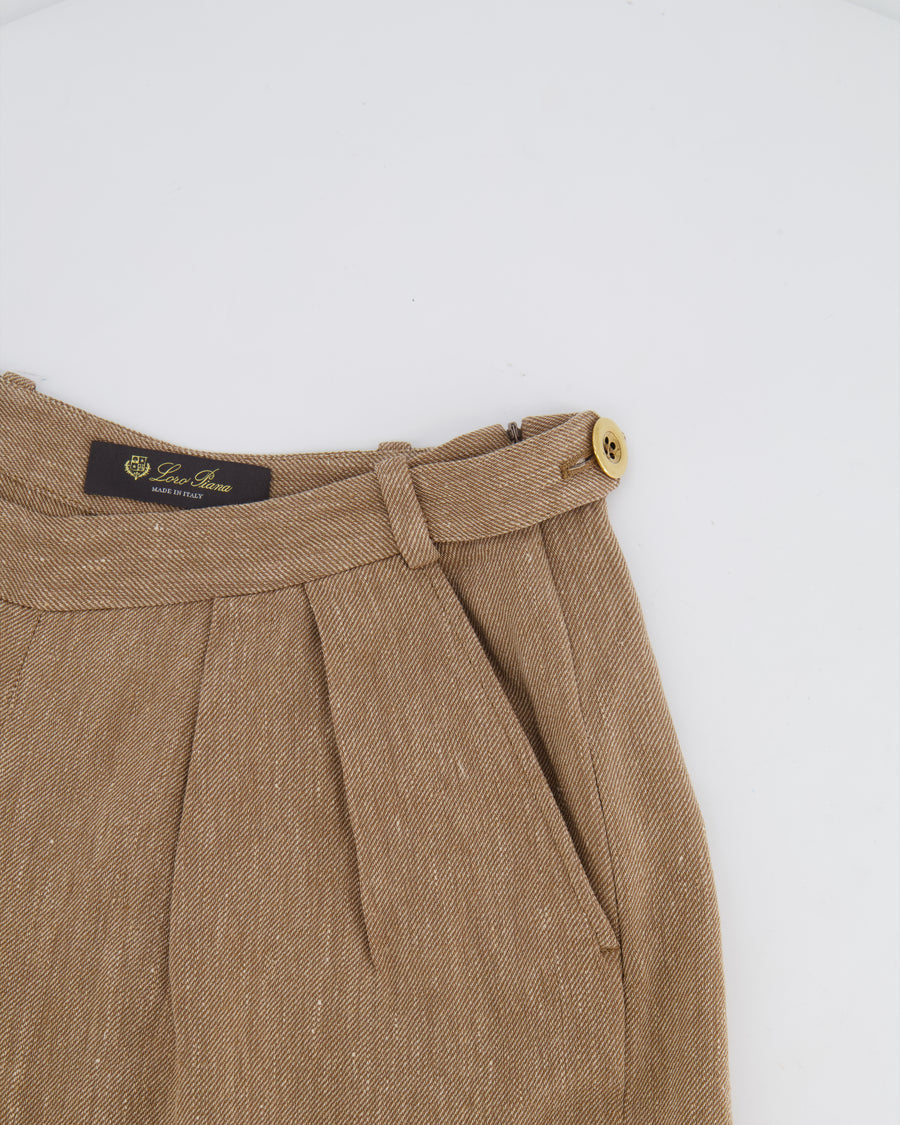 Loro Piana Brown Linen High-Waisted Shorts with Gold Button Details Size IT 38 (UK 6)