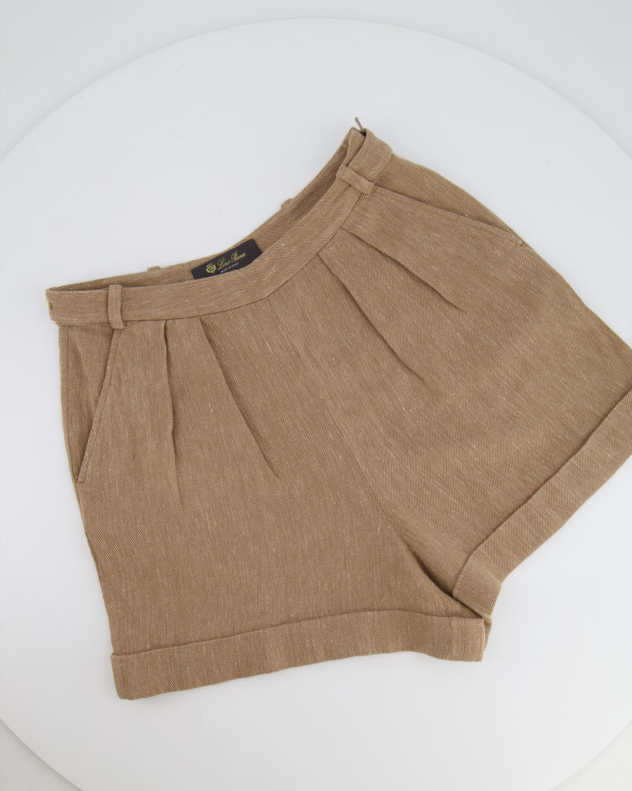 Loro Piana Brown Linen High-Waisted Shorts with Gold Button Details Size IT 38 (UK 6)