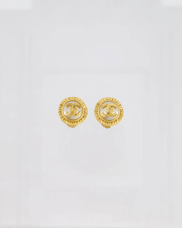 Chanel Vintage 94A Gold and Pearl Round CC Textured Earrings