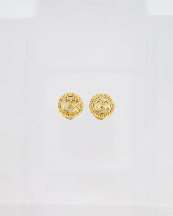 Chanel Vintage 94A Gold and Pearl Round CC Textured Earrings