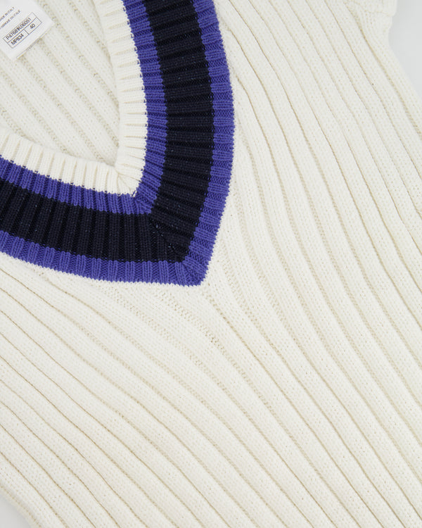 Chanel White, Black and Navy V Neck Knit Jumper with CC Button Details Size FR 40 (UK 12)