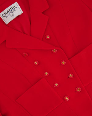 Chanel Vintage Spring 1995 Red Two-Piece Jacket and Pleated Skirt with Gold CC Logo Button FR 40 (UK 12)