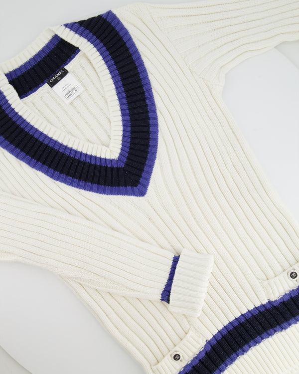 Chanel White, Black and Navy V Neck Knit Jumper with CC Button Details Size FR 40 (UK 12)