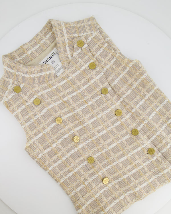 Chanel Spring 2001 Beige Tweed Sleeveless Vest with Gold CC Button Details FR 38 (UK 10)