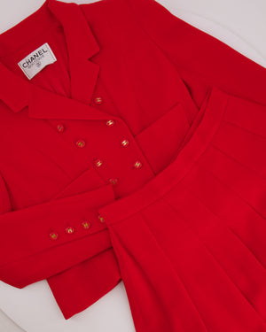Chanel Vintage Spring 1995 Red Two-Piece Jacket and Pleated Skirt with Gold CC Logo Button FR 40 (UK 12)
