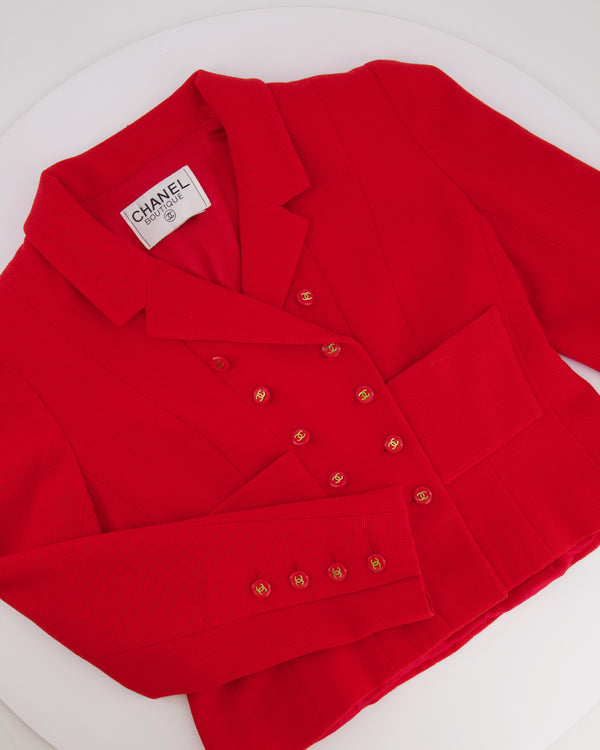 Chanel Vintage Spring 1995 Red Two-Piece Jacket and Pleated Skirt with Gold CC Logo Button FR 40 (UK 12)