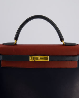 *FIRE PRICE* Hermès Vintage Tri-Colour Kelly 32cm Bag in Rouge H, Bleu Indigo and Vert Fonce Box Leather with Gold Hardware