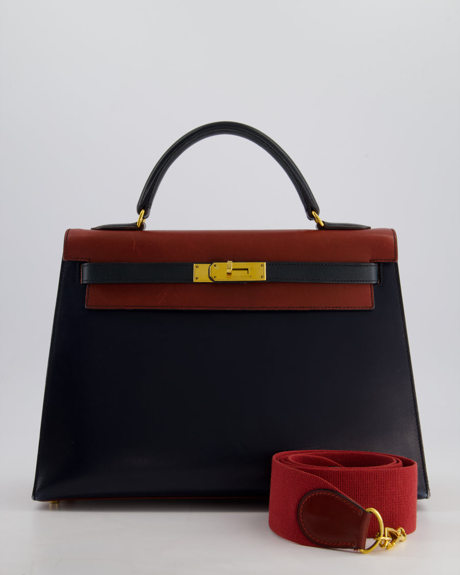 *FIRE PRICE* Hermès Vintage Tri-Colour Kelly 32cm Bag in Rouge H, Bleu Indigo and Vert Fonce Box Leather with Gold Hardware