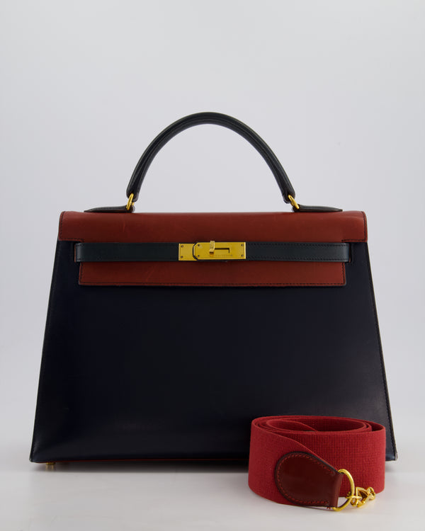 *FIRE PRICE* Hermès Vintage Tri-Colour Kelly 32cm Bag in Rouge H, Bleu Indigo and Vert Fonce Box Leather with Gold Hardware