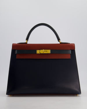 *FIRE PRICE* Hermès Vintage Tri-Colour Kelly 32cm Bag in Rouge H, Bleu Indigo and Vert Fonce Box Leather with Gold Hardware