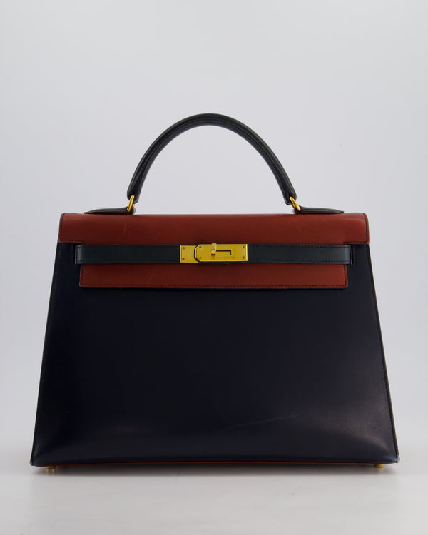 *FIRE PRICE* Hermès Vintage Tri-Colour Kelly 32cm Bag in Rouge H, Bleu Indigo and Vert Fonce Box Leather with Gold Hardware