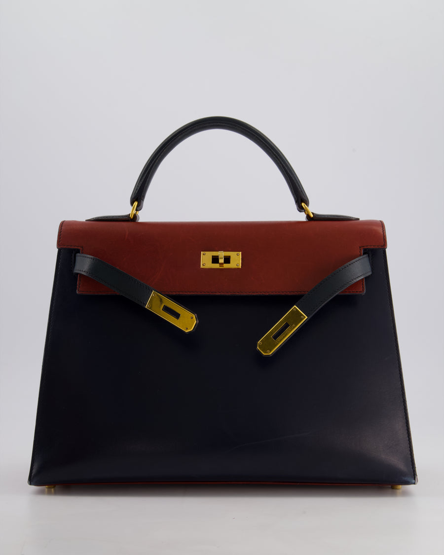 *FIRE PRICE* Hermès Vintage Tri-Colour Kelly 32cm Bag in Rouge H, Bleu Indigo and Vert Fonce Box Leather with Gold Hardware