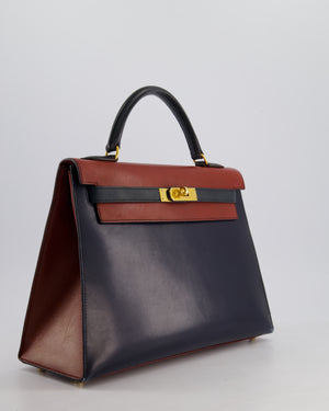 *FIRE PRICE* Hermès Vintage Tri-Colour Kelly 32cm Bag in Rouge H, Bleu Indigo and Vert Fonce Box Leather with Gold Hardware
