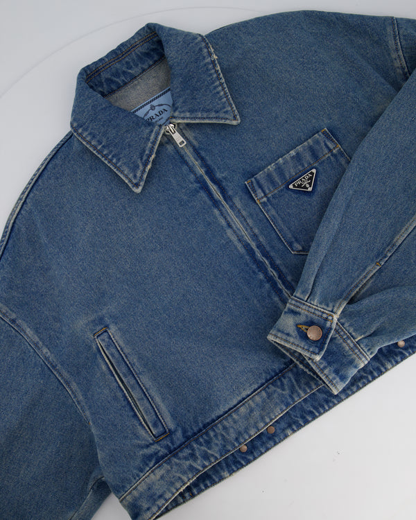 Prada Blue Denim Cropped Organic Jacket with Logo Detail Size IT 40 (UK 8) RRP £1520.00