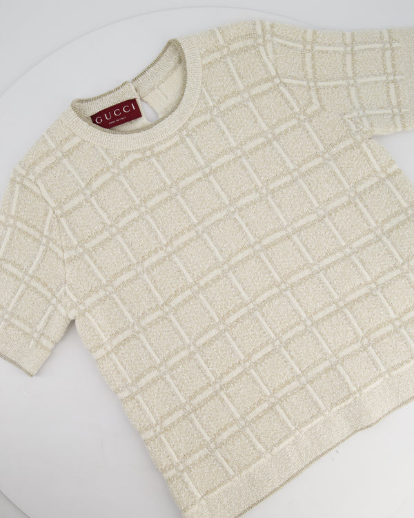 Gucci Cream and Gold Metallic Check Short Sleeve Jumper with Gold Button Logo Size S (UK 8)