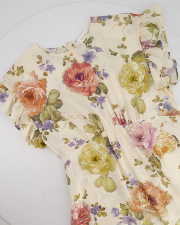 Zimmermann Beige Viscose Short-Sleeve Floral Midi Dress with Ruffle Details Size 0 (UK 8)