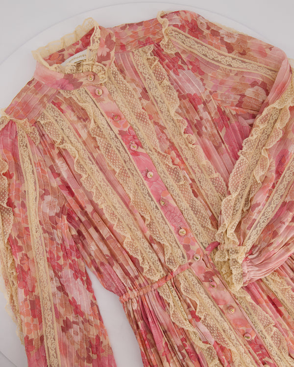 Zimmermann Pink Floral Viscose Long-Sleeve Floral Midi Dress with Lace Details Size 0 (UK 8)