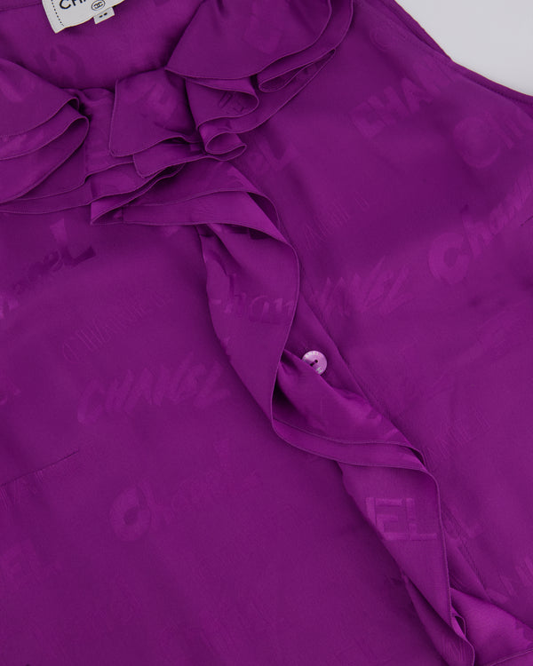 Chanel 22P Purple Silk Sleeveless Button Down Top with Ruffle Neckline and Logo Detail Size FR 38 (UK 10)