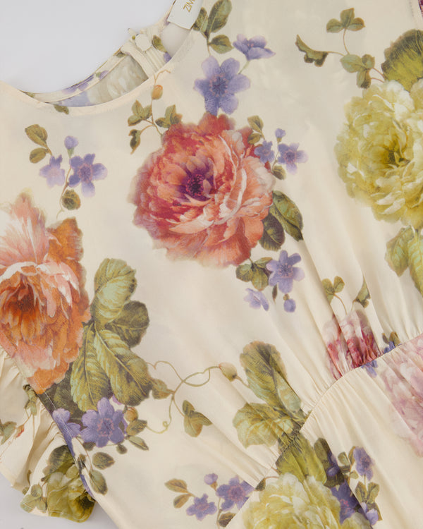 Zimmermann Beige Viscose Short-Sleeve Floral Midi Dress with Ruffle Details Size 0 (UK 8)