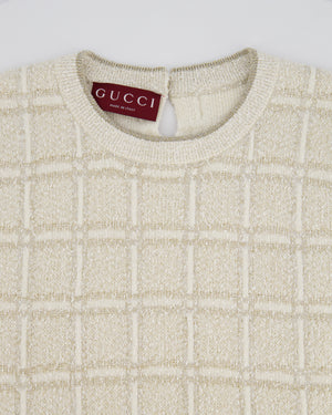 Gucci Cream and Gold Metallic Check Short Sleeve Jumper with Gold Button Logo Size S (UK 8)