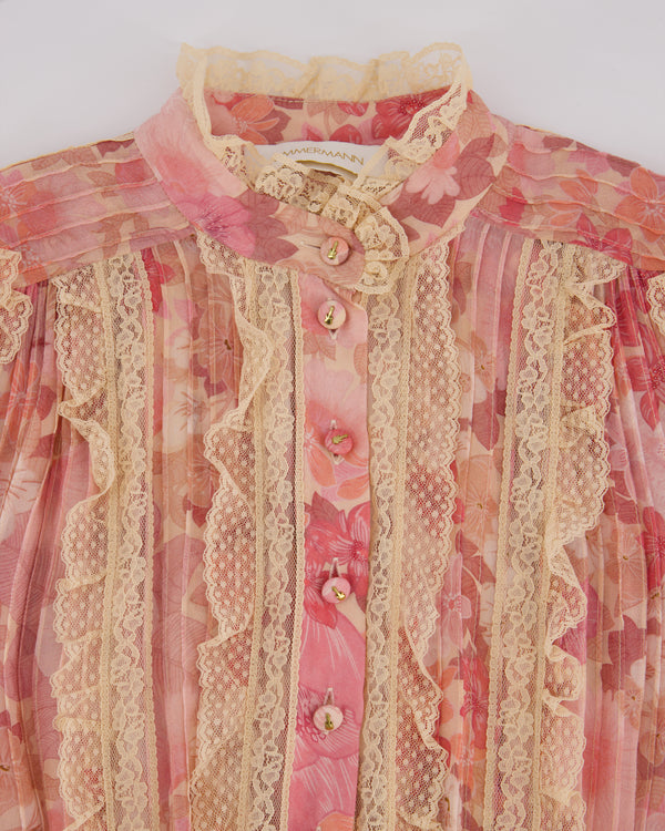 Zimmermann Pink Floral Viscose Long-Sleeve Floral Midi Dress with Lace Details Size 0 (UK 8)
