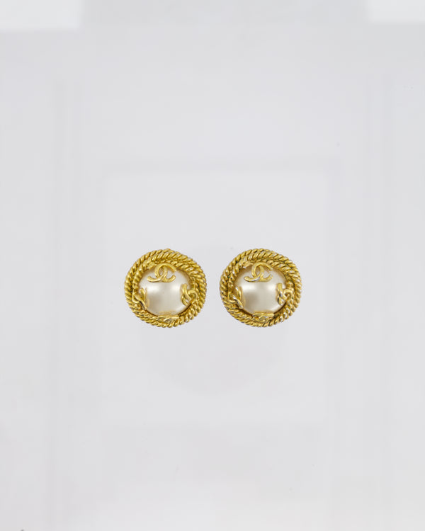 Chanel Vintage 95A Gold and Pearl Round CC Logo Textured Earrings