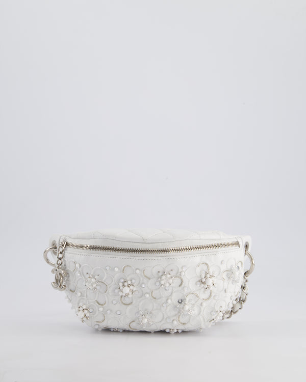 Chanel White Lambskin Leather Bum Bag with Silver Crystal Bead Embellishments and Silver Hardware RRP £4,660