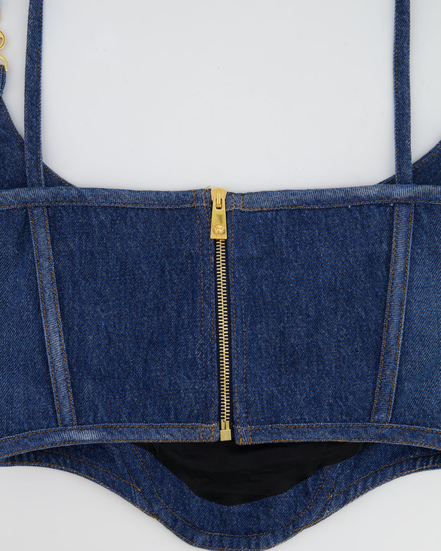Versace Blue Denim Corset Bustier Top with Gold Medusa Details Size IT 42 (UK 10)