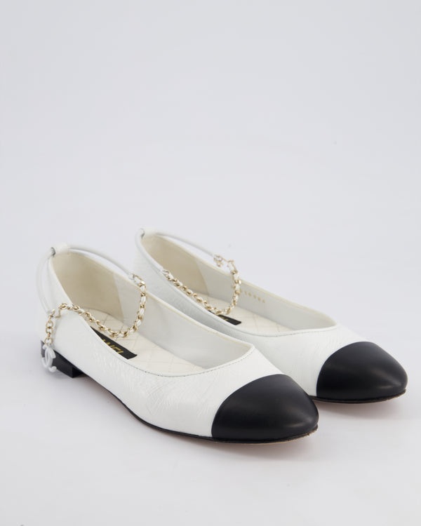 *HOT* Chanel White & Black Ballerina Shoes In Aged Patent Leather with CC Charm Ankle Strap Detail Size EU 39