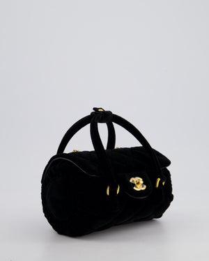 *RARE* Chanel Black Cylindrical Mini Flap Bag with Handles In Velvet and Brushed Gold Hardware