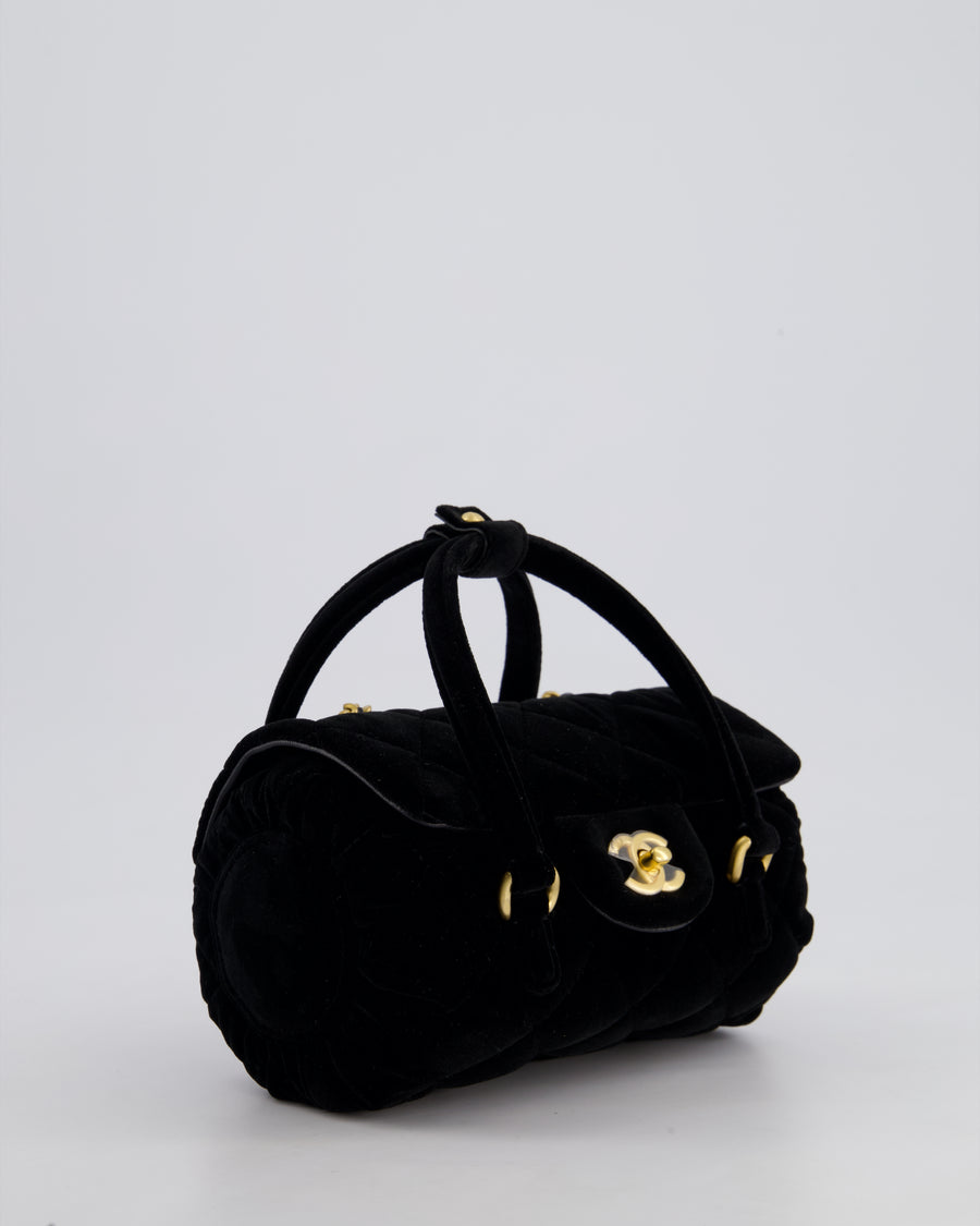 *RARE* Chanel Black Cylindrical Mini Flap Bag with Handles In Velvet and Brushed Gold Hardware