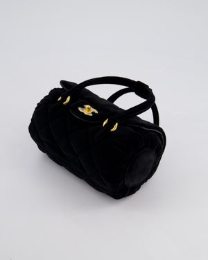 *RARE* Chanel Black Cylindrical Mini Flap Bag with Handles In Velvet and Brushed Gold Hardware