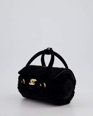 *RARE* Chanel Black Cylindrical Mini Flap Bag with Handles In Velvet and Brushed Gold Hardware