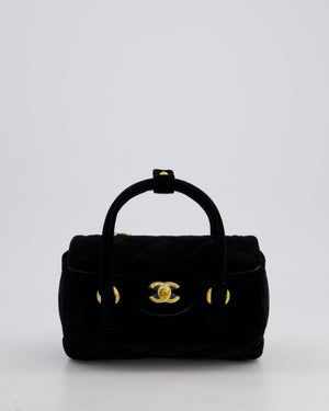 *RARE* Chanel Black Cylindrical Mini Flap Bag with Handles In Velvet and Brushed Gold Hardware