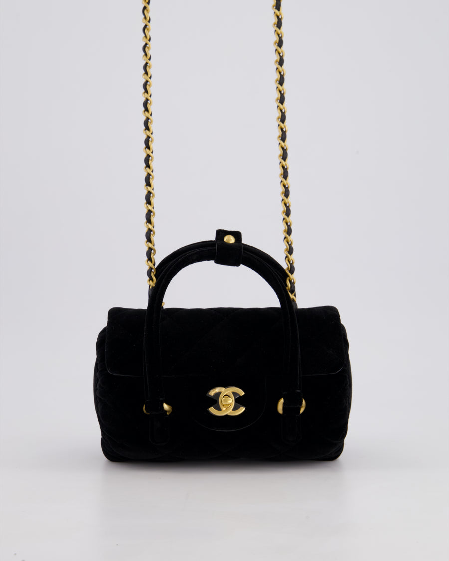 *RARE* Chanel Black Cylindrical Mini Flap Bag with Handles In Velvet and Brushed Gold Hardware