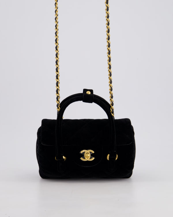 *RARE* Chanel Black Cylindrical Mini Flap Bag with Handles In Velvet and Brushed Gold Hardware